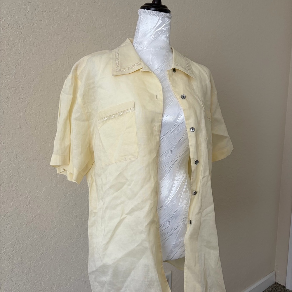 Amanda Vinci Linen Button Up Blouse Butter Yellow Vintage Resort XXL